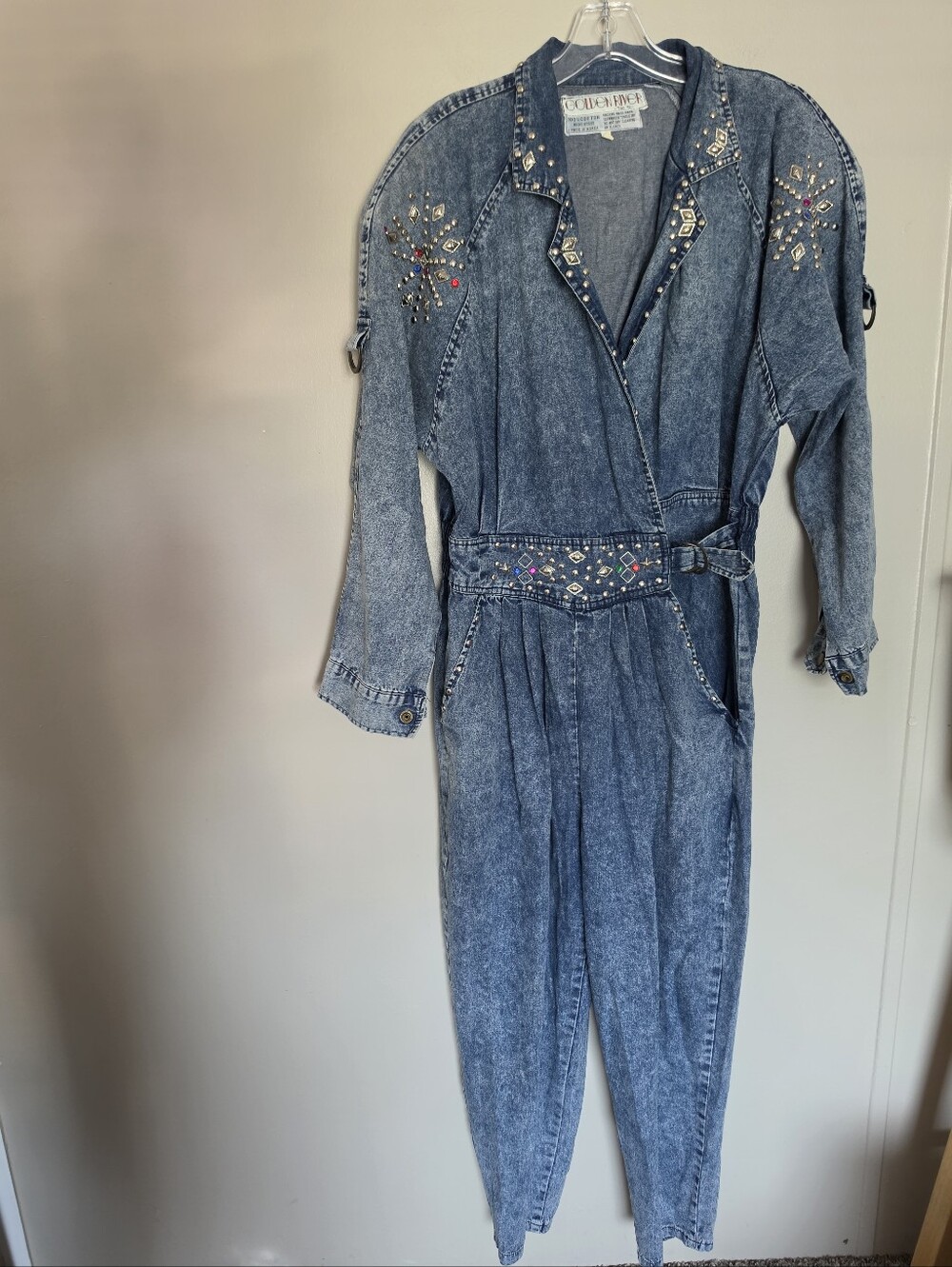Vintage Golden River Studded Rhinestone Denim Jumpsuit Acid Wash Medium